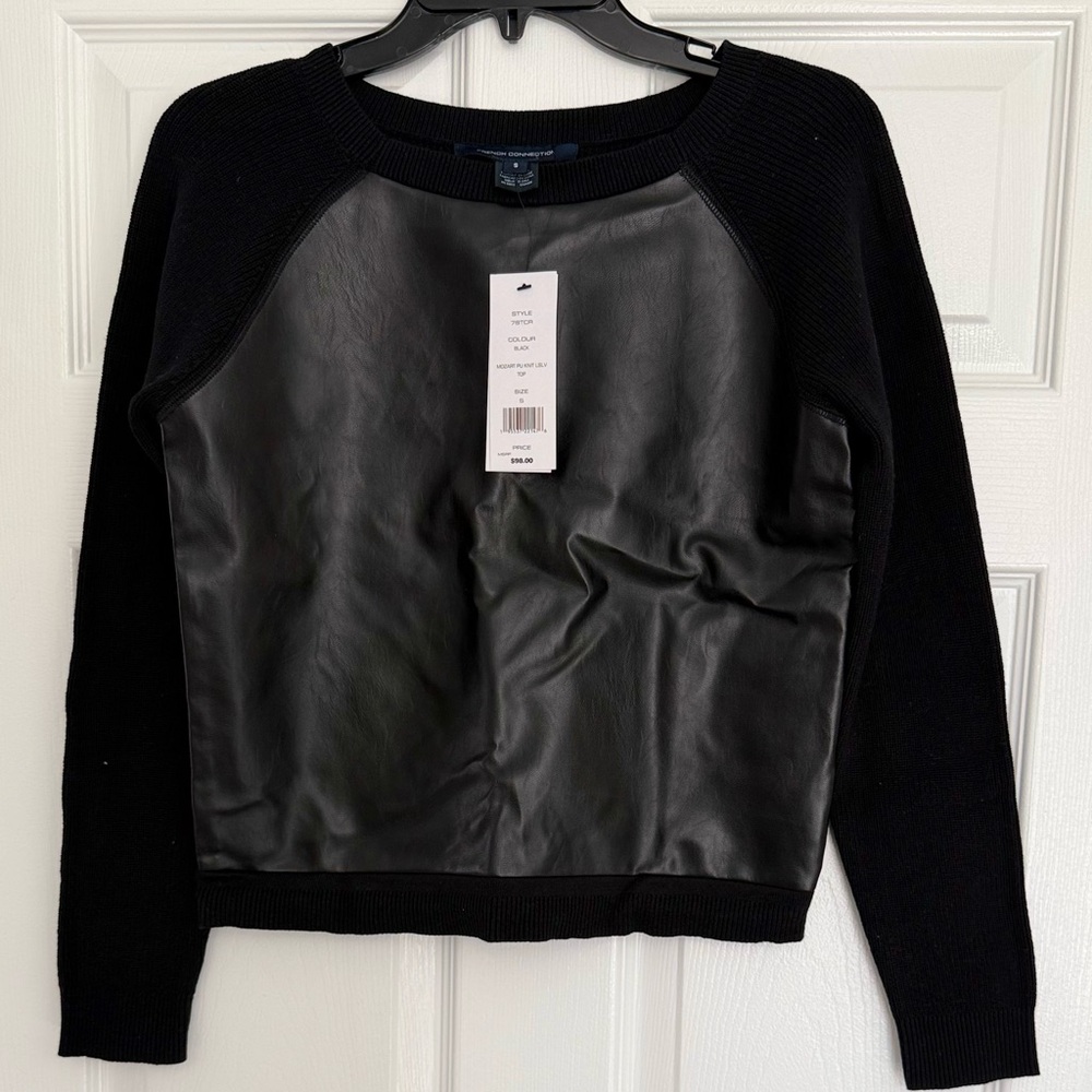NWTA French Connection Faux Leather Front Black Crewneck Sweater